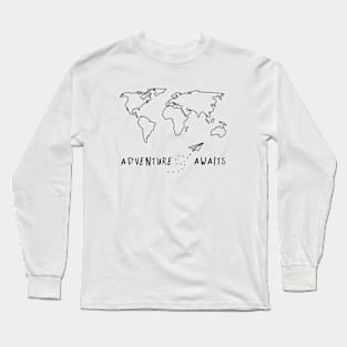 Adventure Awaits Map - Black Minimal Long Sleeve T-Shirt